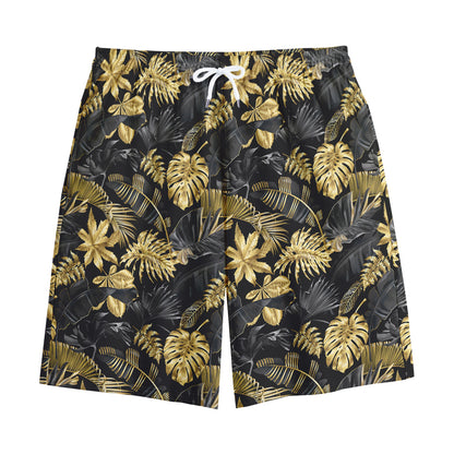 Black And Gold Tropical Pattern Print Cotton Shorts