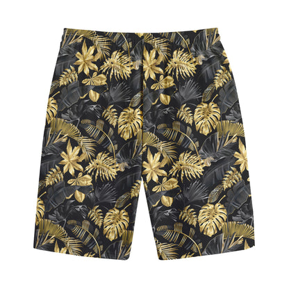 Black And Gold Tropical Pattern Print Cotton Shorts