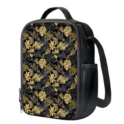 Black And Gold Tropical Pattern Print Crossbody Lunch Bag