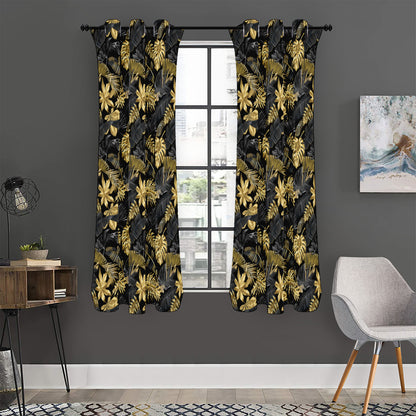Black And Gold Tropical Pattern Print Curtain