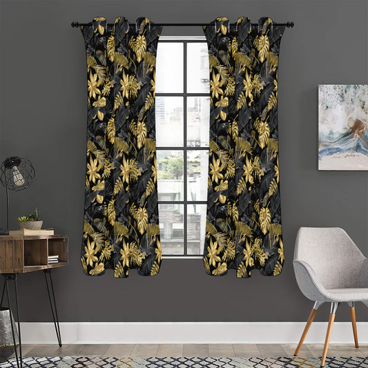 Black And Gold Tropical Pattern Print Curtain