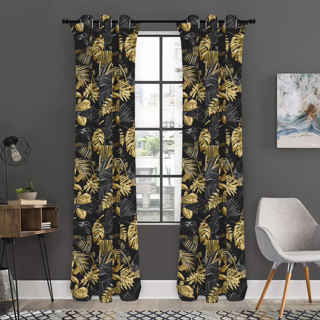 Black And Gold Tropical Pattern Print Curtain