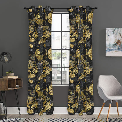 Black And Gold Tropical Pattern Print Curtain