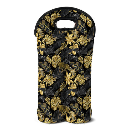 Black And Gold Tropical Pattern Print Double Neoprene Wine Tote