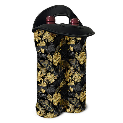 Black And Gold Tropical Pattern Print Double Neoprene Wine Tote