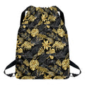 Black And Gold Tropical Pattern Print Drawstring Backpack