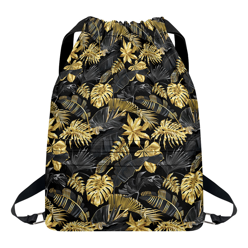 Black And Gold Tropical Pattern Print Drawstring Backpack