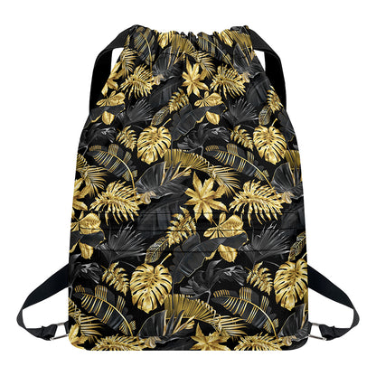 Black And Gold Tropical Pattern Print Drawstring Backpack