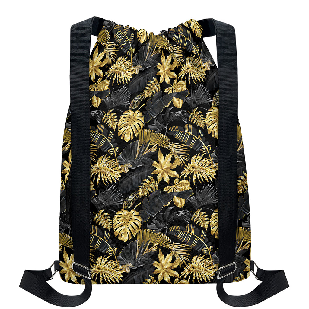 Black And Gold Tropical Pattern Print Drawstring Backpack
