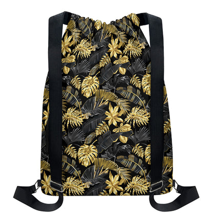 Black And Gold Tropical Pattern Print Drawstring Backpack