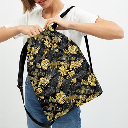 Black And Gold Tropical Pattern Print Drawstring Backpack