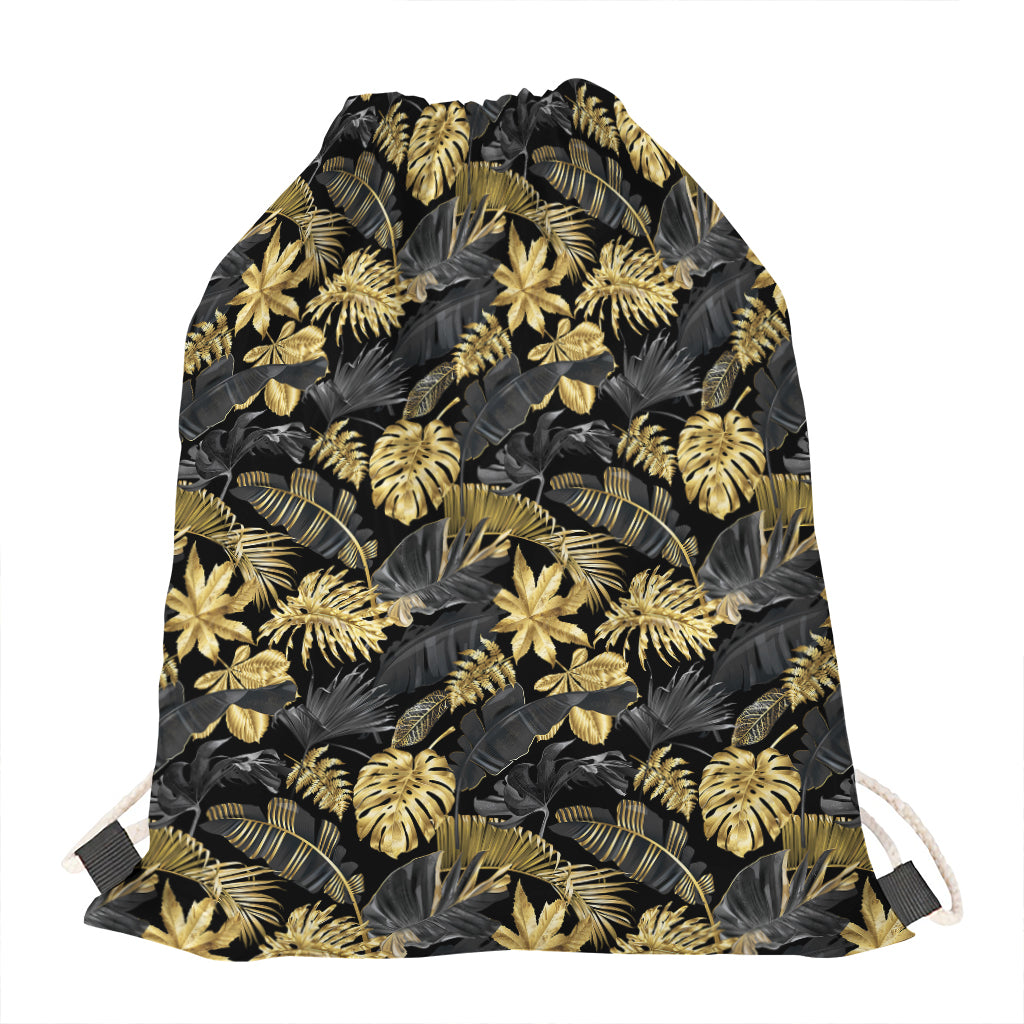 Black And Gold Tropical Pattern Print Drawstring Bag