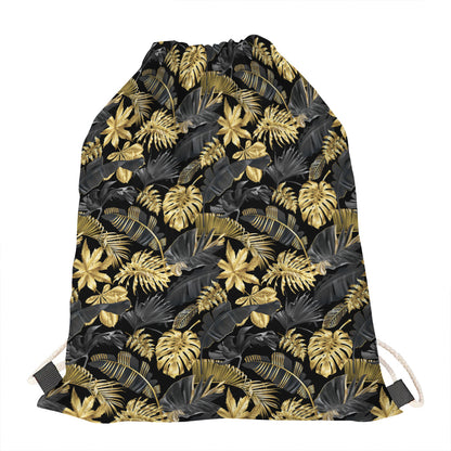 Black And Gold Tropical Pattern Print Drawstring Bag