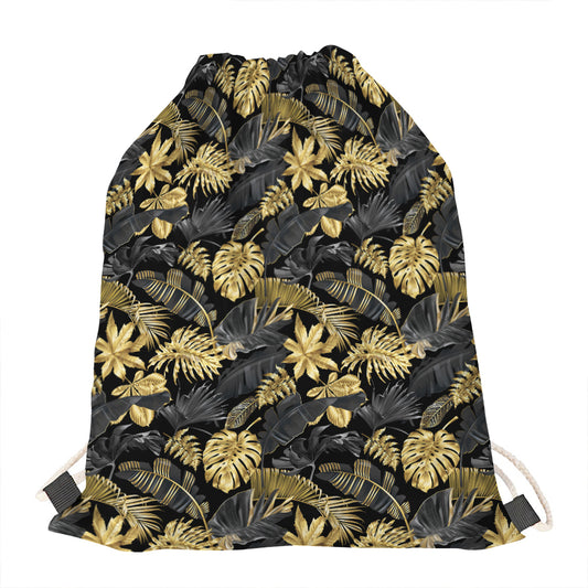 Black And Gold Tropical Pattern Print Drawstring Bag