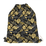 Black And Gold Tropical Pattern Print Drawstring Bag