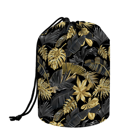Black And Gold Tropical Pattern Print Drawstring Makeup Bag