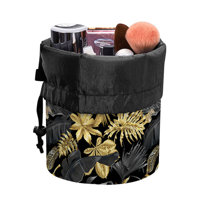 Black And Gold Tropical Pattern Print Drawstring Makeup Bag