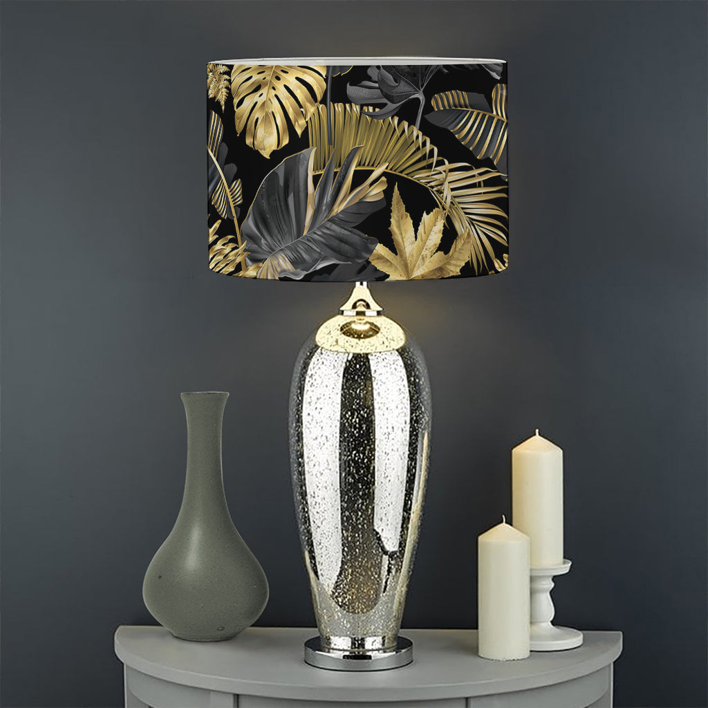 Black And Gold Tropical Pattern Print Drum Lamp Shade