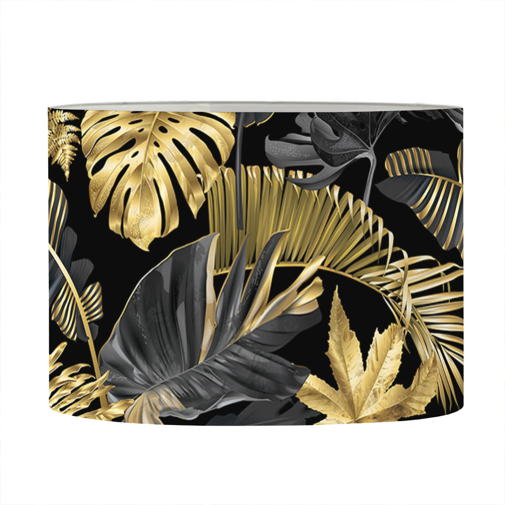 Black And Gold Tropical Pattern Print Drum Lamp Shade