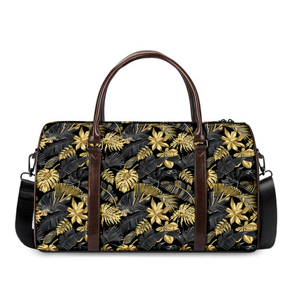 Black And Gold Tropical Pattern Print Duffle Bag