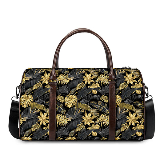 Black And Gold Tropical Pattern Print Duffle Bag