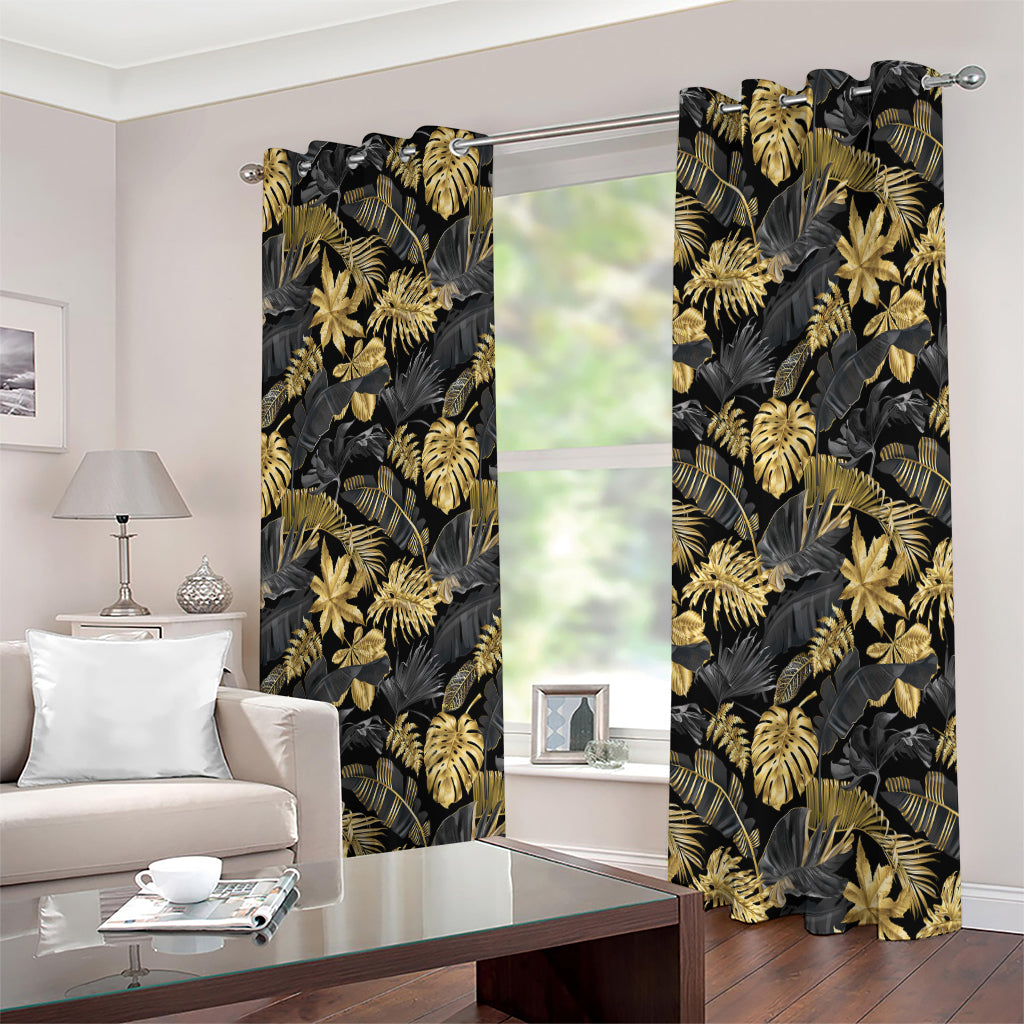 Black And Gold Tropical Pattern Print Extra Wide Grommet Curtains