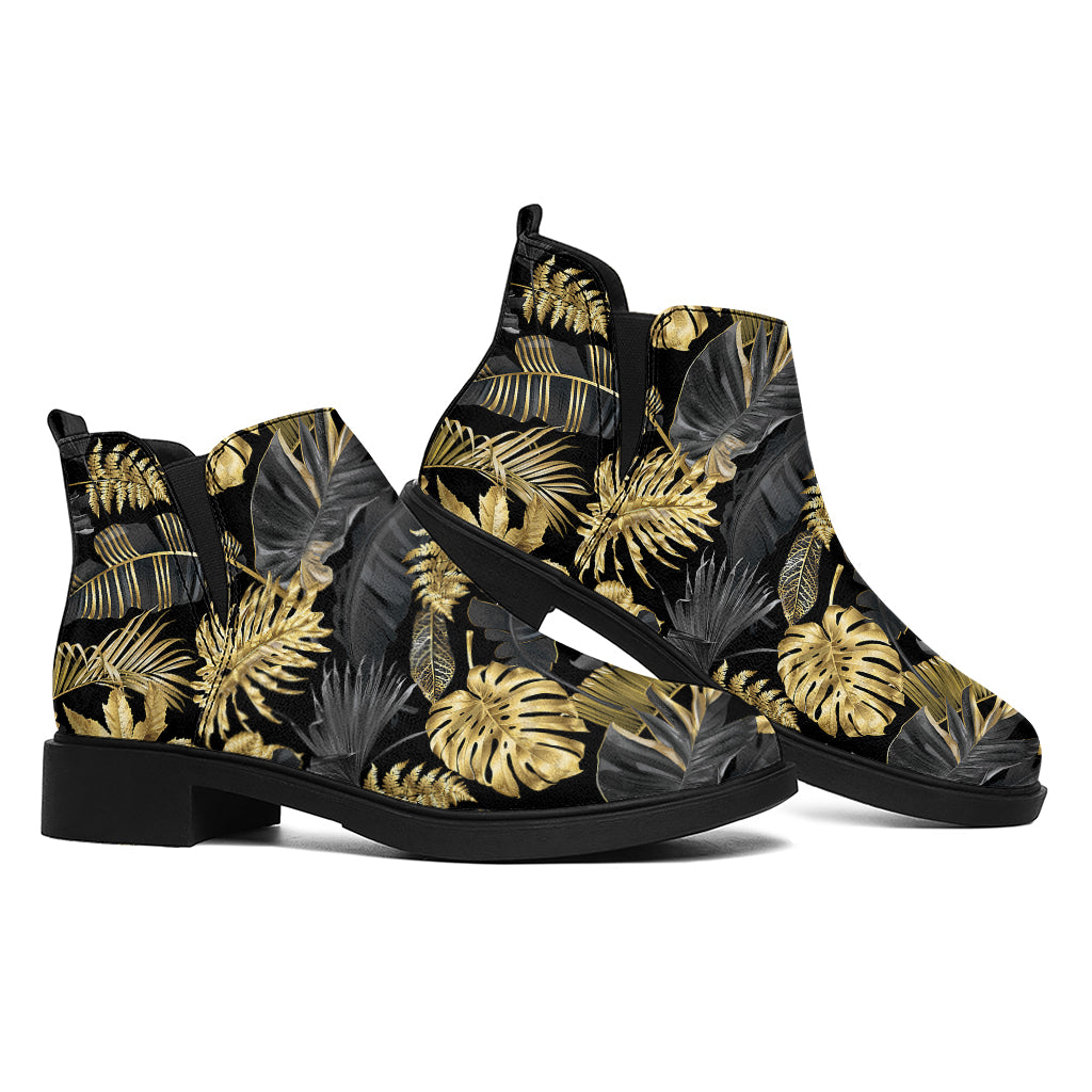 Black And Gold Tropical Pattern Print Flat Ankle Boots