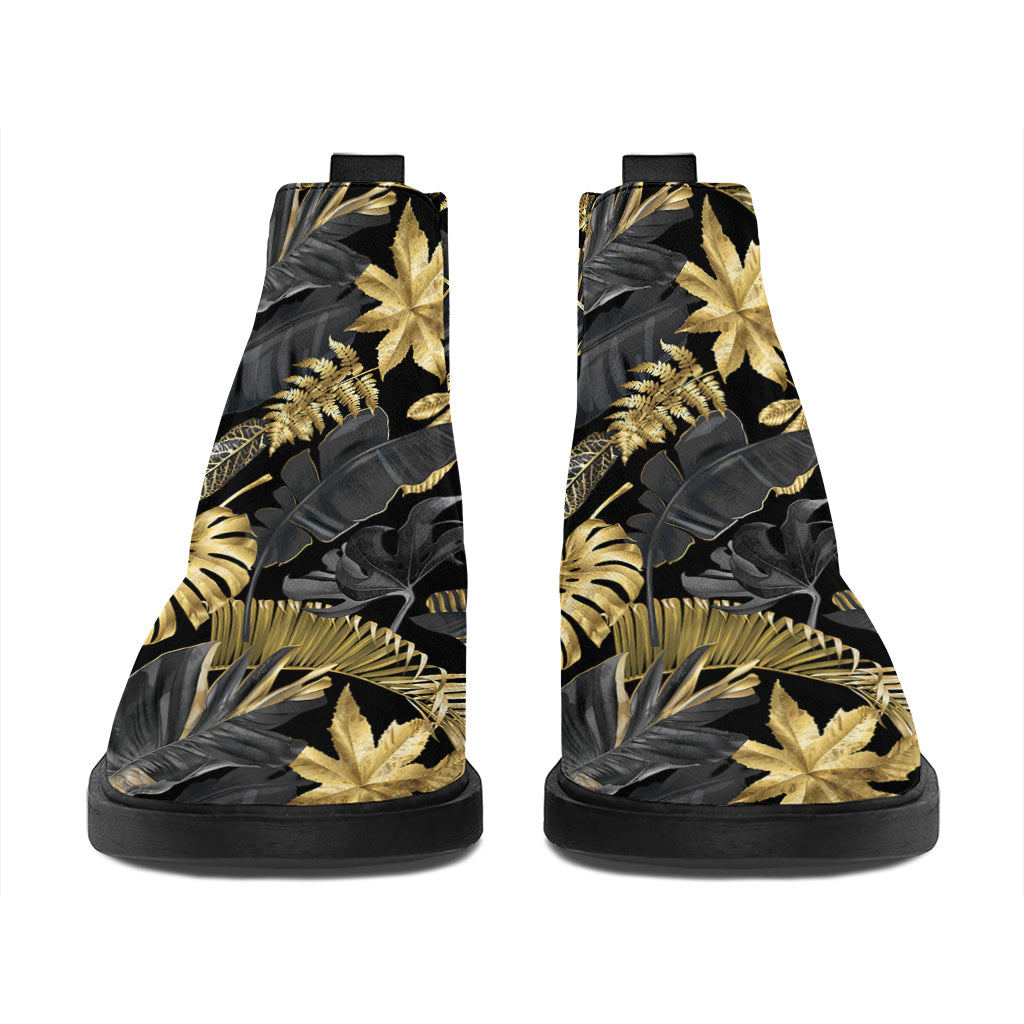 Black And Gold Tropical Pattern Print Flat Ankle Boots