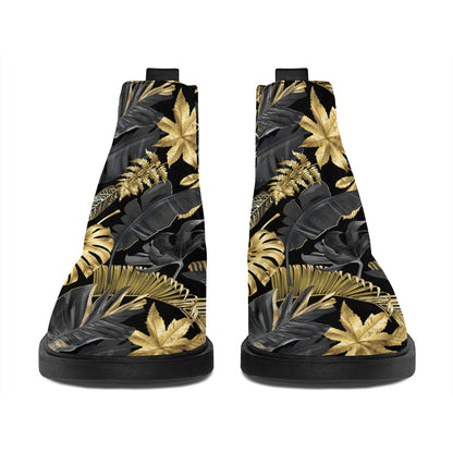 Black And Gold Tropical Pattern Print Flat Ankle Boots