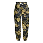 Black And Gold Tropical Pattern Print Fleece Lined Knit Pants