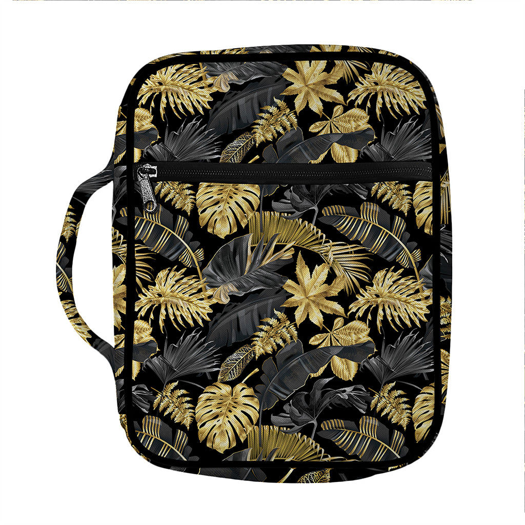 Black And Gold Tropical Pattern Print Front Pocket Bible Bag