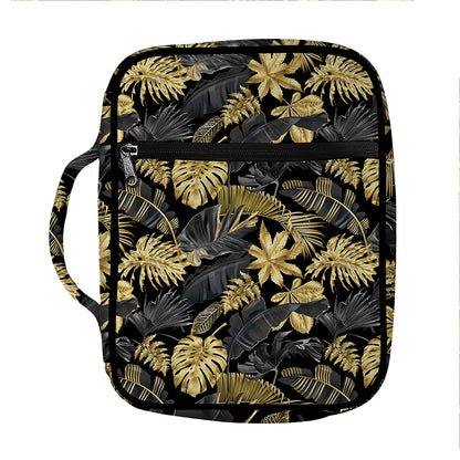 Black And Gold Tropical Pattern Print Front Pocket Bible Bag