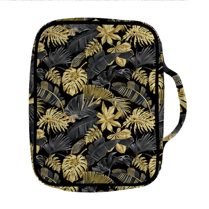 Black And Gold Tropical Pattern Print Front Pocket Bible Bag