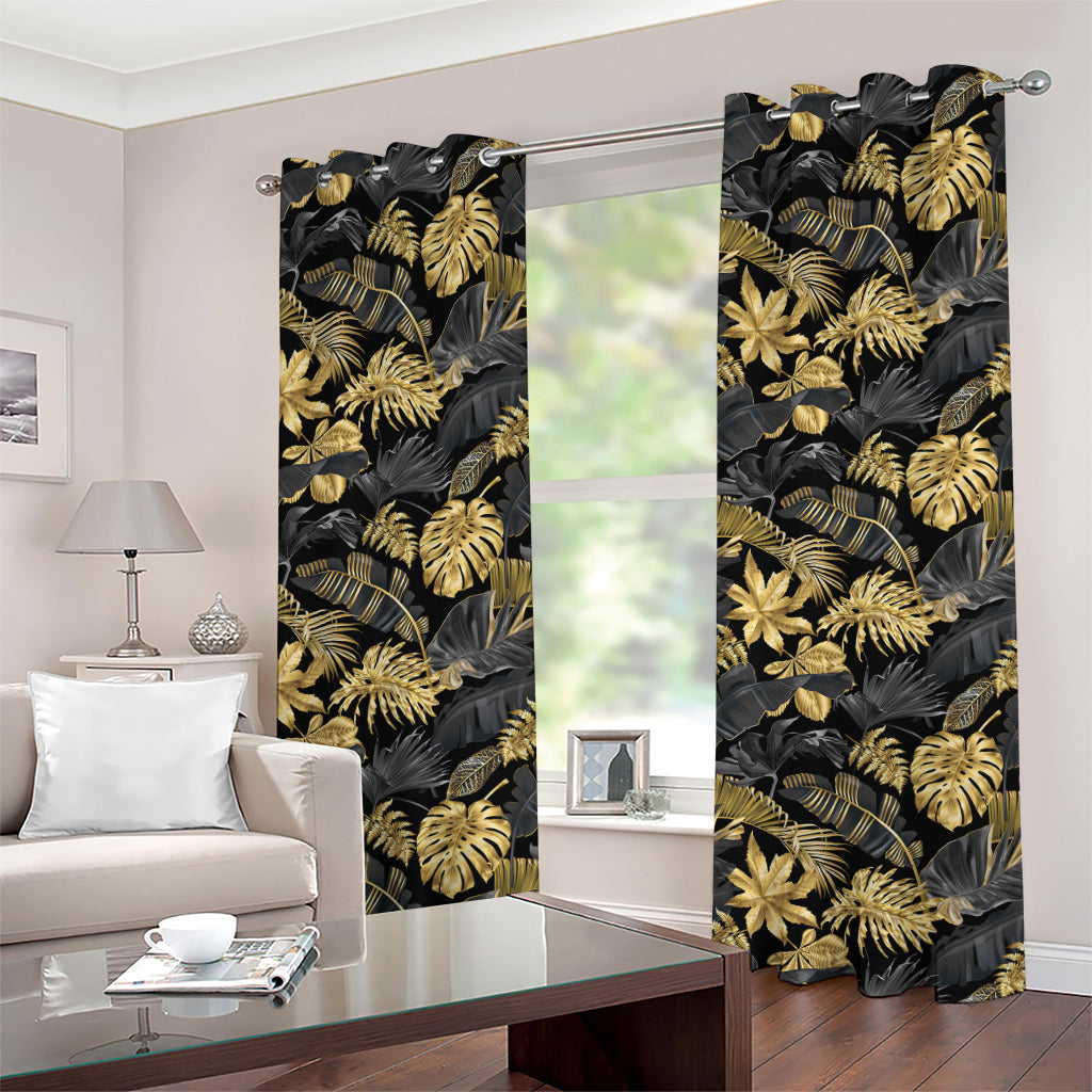 Black And Gold Tropical Pattern Print Grommet Curtains