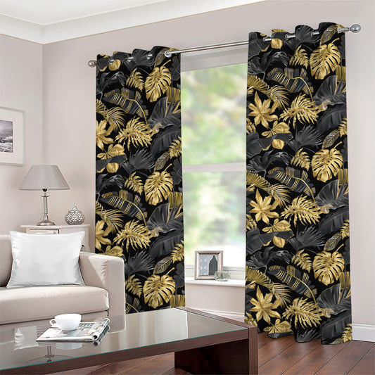 Black And Gold Tropical Pattern Print Grommet Curtains