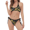 Black And Gold Tropical Pattern Print Halter Scoop Tie Side Bikini
