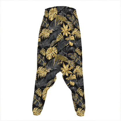 Black And Gold Tropical Pattern Print Hammer Pants