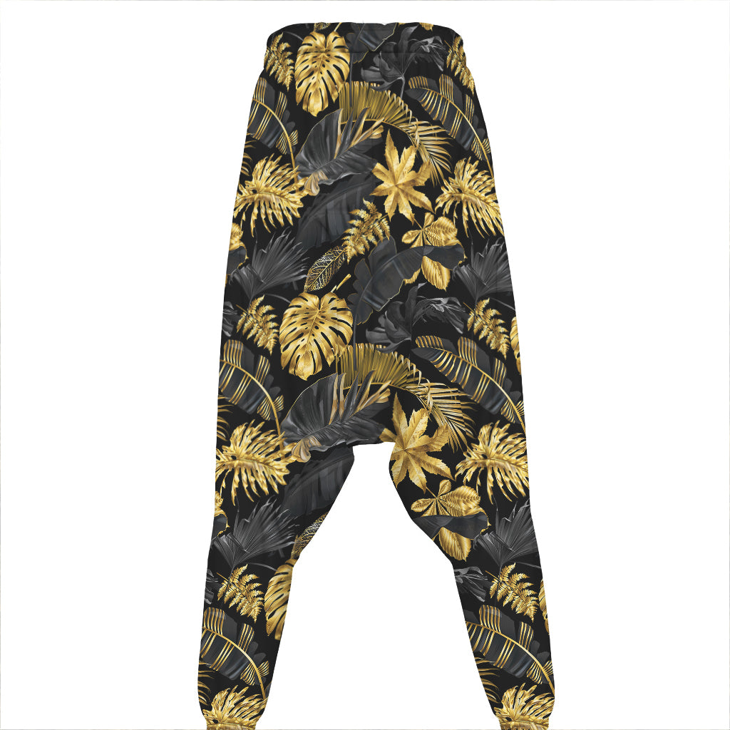 Black And Gold Tropical Pattern Print Hammer Pants