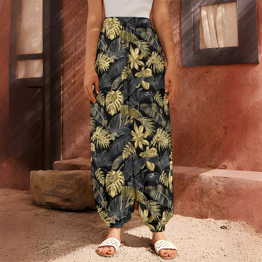 Black And Gold Tropical Pattern Print Harem Pants