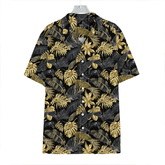 Black And Gold Tropical Pattern Print Hawaiian Shirt