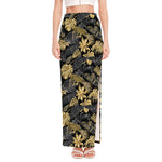 Black And Gold Tropical Pattern Print High Slit Maxi Skirt