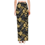 Black And Gold Tropical Pattern Print High Slit Maxi Skirt