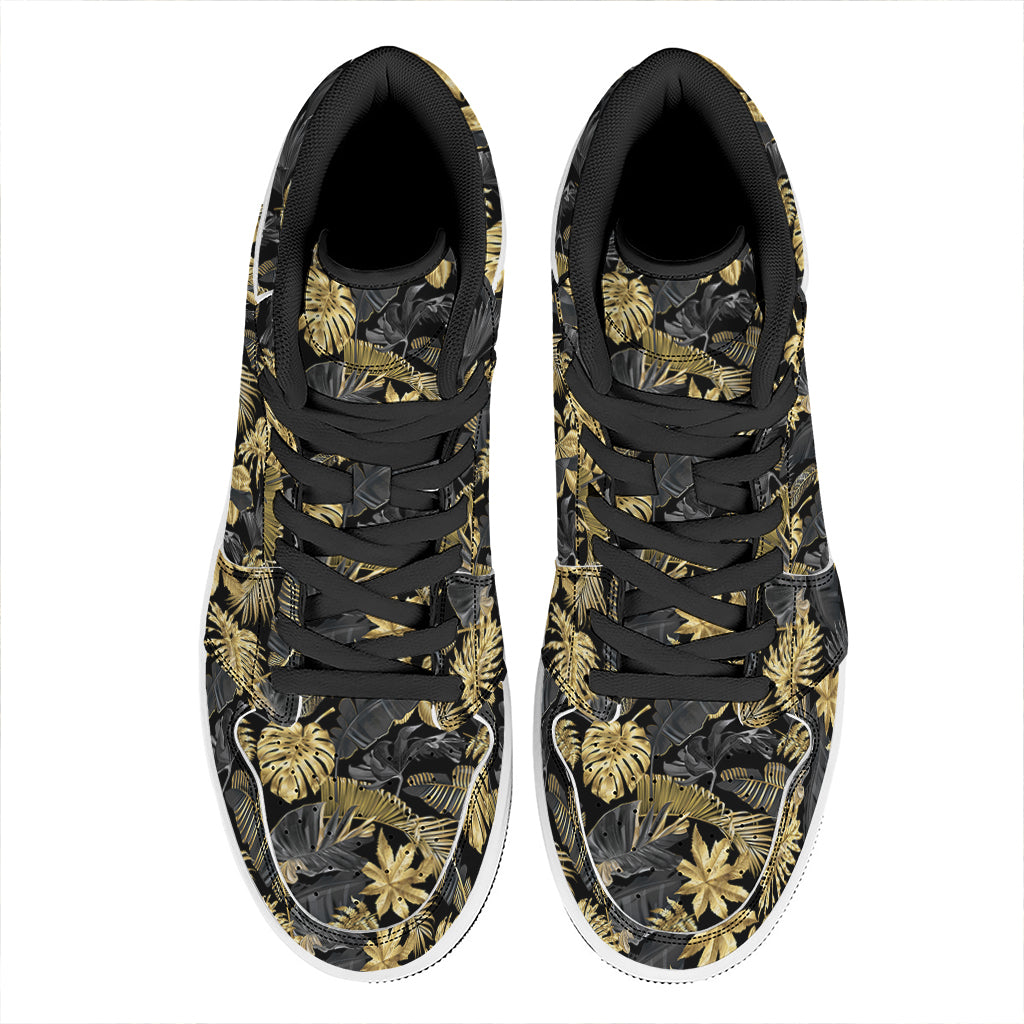 Black And Gold Tropical Pattern Print High Top Leather Sneakers