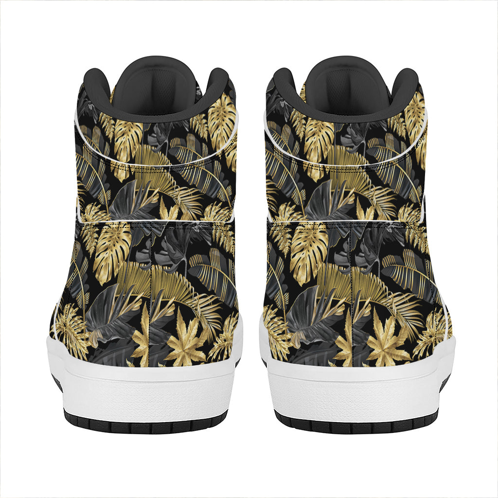 Black And Gold Tropical Pattern Print High Top Leather Sneakers