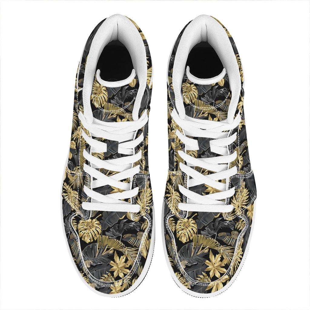 Black And Gold Tropical Pattern Print High Top Leather Sneakers