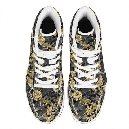 Black And Gold Tropical Pattern Print High Top Leather Sneakers