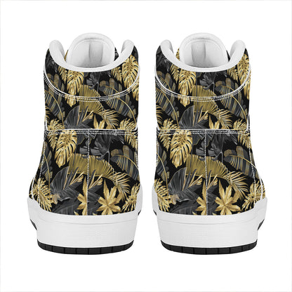 Black And Gold Tropical Pattern Print High Top Leather Sneakers