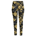 Black And Gold Tropical Pattern Print High-Waisted Pocket Leggings