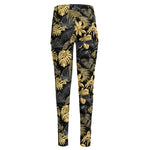 Black And Gold Tropical Pattern Print High-Waisted Pocket Leggings