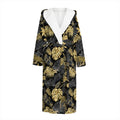 Black And Gold Tropical Pattern Print Hooded Bathrobe